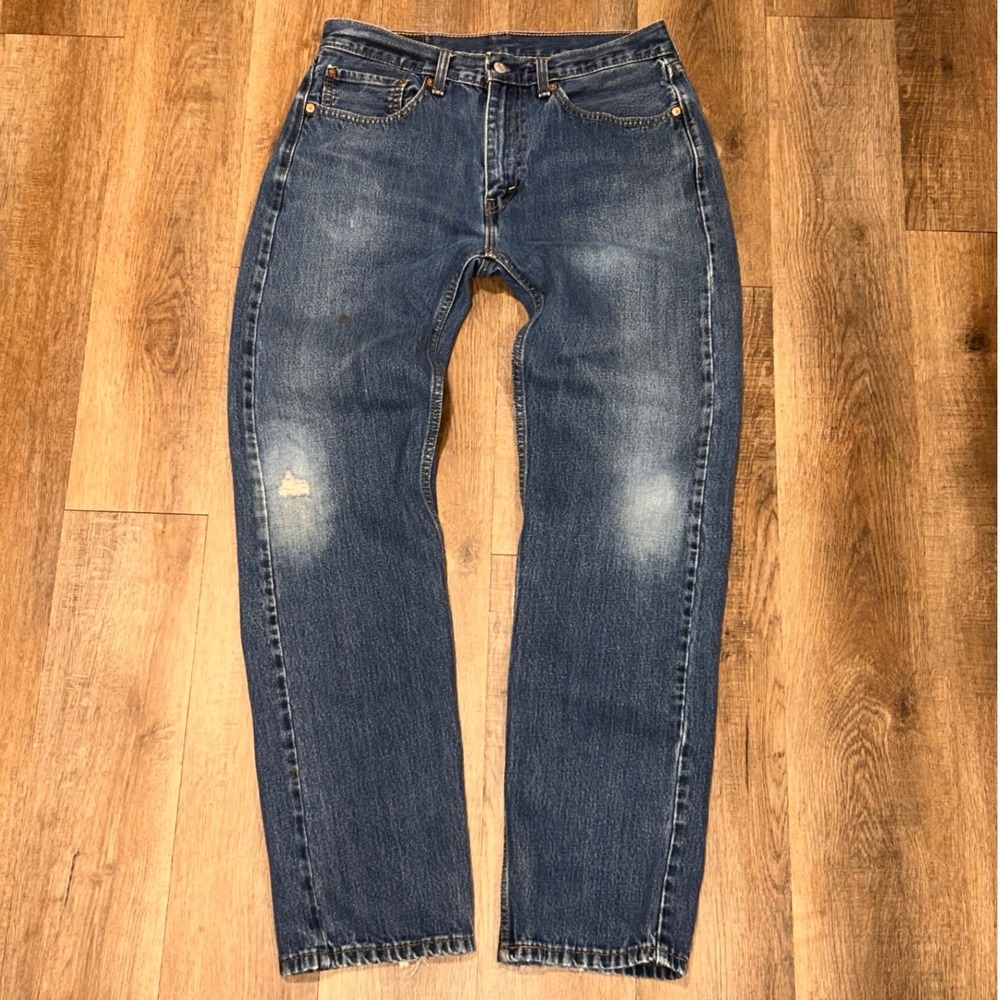 Levis 505 Regular Fit Jeans Mens 34x34 Blue Denim Straight Leg Thrashed Grunge